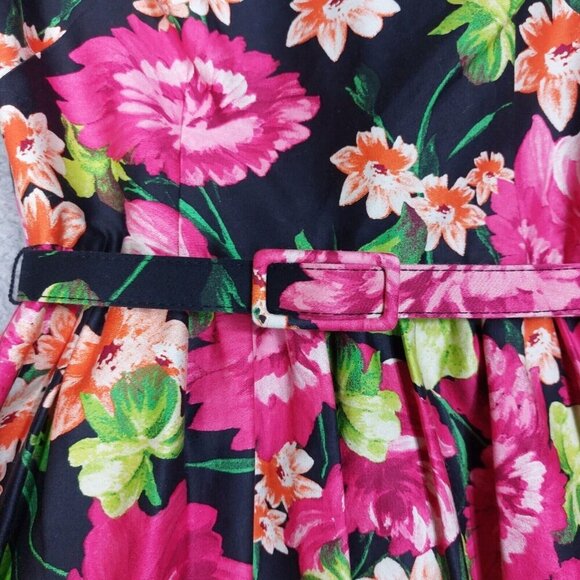 Eliza J Dress Women's 2 Black Rose Print Belted Boat Neck Sleeveless Party - Picture 2 of 16